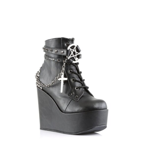 Poison 101 Pentagram Cross Chain 5" Wedge Heel Studded Goth Ankle Boots - Picture 7 of 12